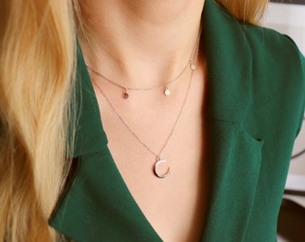 Sterling Silver Crescent Moon Necklace, Horn Moon Necklace, Boho Layering Necklace, Disc Necklace, Simple Necklace, Gift for Her