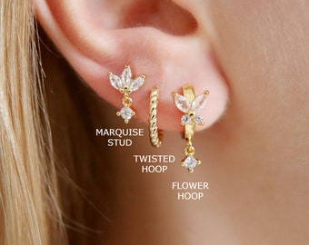 Gold Crystal CZ Marquise Daisy Flower Hoop Earrings, Flower Earrings, Dainty Gold Hoops, Twisted Hoops, Marquise CZ Stud Earrings