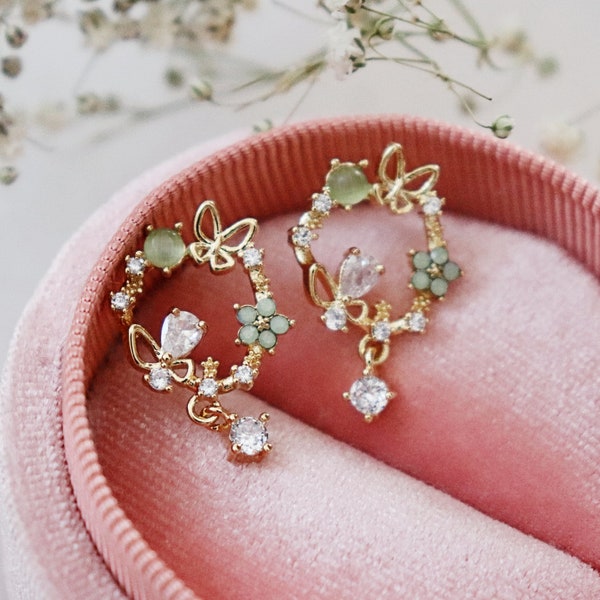 Boucles d'oreilles pendantes en argent sterling avec fleurs et cristaux, couronnes ovales cercles de fleurs, boucles d'oreilles nature délicates plaquées or, cadeau d'anniversaire