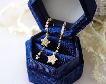 925 Sterling Silver Star Drop Earrings, Asymmetric Huggie Hoop Stars Earrings, Gold Plated Jewellery, Gift for Her