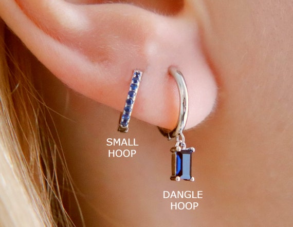 Sterling Silver Dangle Sapphire Blue CZ Baguette Hoop Earrings