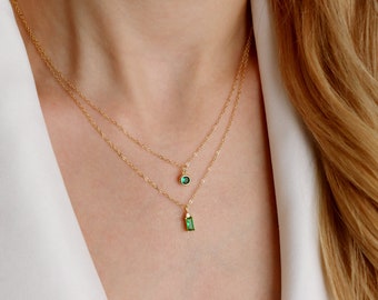 14k Gold Green Emerald Stone Pendant Necklace, Sterling Silver CZ Charm Green Gemstone Necklace, Green Baguette Necklace, Gift for Her