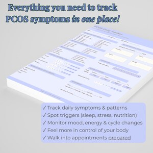May include: A light blue PCOS Daily Tracker with text: "Everything you need to track PCOS symptoms in one place!" and bullet points: Track daily symptoms & patterns, Spot triggers, Monitor mood, energy & cycle changes, Feel more in control of your body, Walk into appointments prepared.