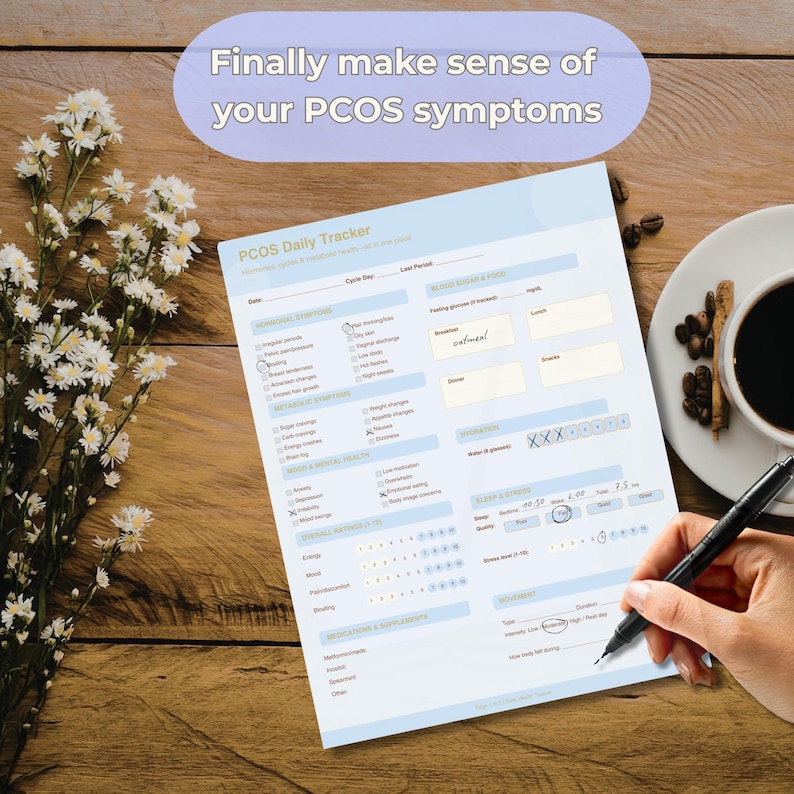 May include: A PCOS Daily Tracker sheet with a light blue header and sections for symptoms, blood sugar, and sleep. The text "Finally make sense of your PCOS symptoms" is above the sheet. A hand holds a pen, and a cup of coffee sits nearby.