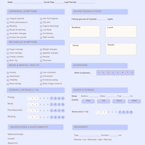 May include: A printable PCOS Daily Tracker, designed to monitor hormones, cycles, and metabolic health. Features sections for symptoms, food, hydration, and sleep. The document is light blue with white text and metric measurements.