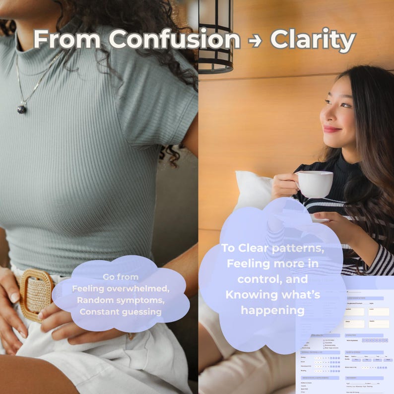 May include: Image with text "From Confusion &rarr; Clarity". A person in a light blue top is on the left. On the right, a person holds a white cup. Text bubbles describe feelings of confusion and clarity.