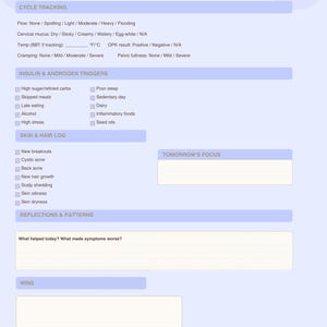 May include: A PCOS Daily Tracker form with sections for cycle tracking, insulin & androgen triggers, skin & hair log, reflections & patterns, and tomorrow's focus. The form is on a light blue background with white text.