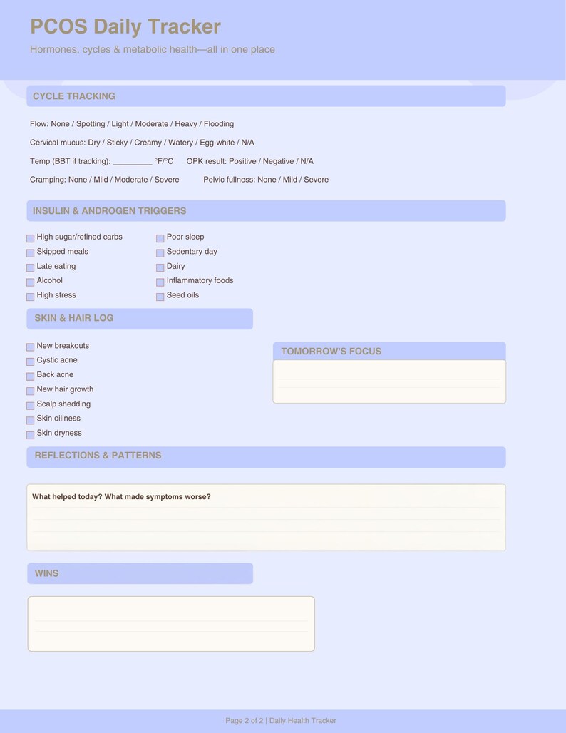 May include: A PCOS Daily Tracker form with sections for cycle tracking, insulin & androgen triggers, skin & hair log, reflections & patterns, and tomorrow's focus. The form is on a light blue background with white text.