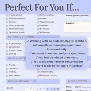May include: A light blue graphic with the text "Perfect For You If..." and a list of symptoms and conditions. The image includes check boxes and a section for overall ratings of energy levels.