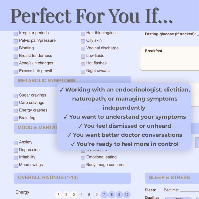 May include: A light blue graphic with the text "Perfect For You If..." and a list of symptoms and conditions. The image includes check boxes and a section for overall ratings of energy levels.