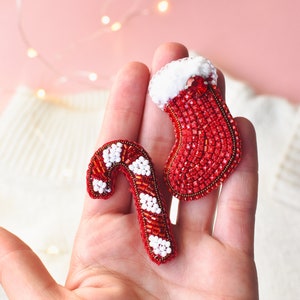 Christmas set beaded brooches, Santa's Boot Brooch, Christmas candy brooch, New year combo gift,Christmas jewelry set, Santa beaded brooch