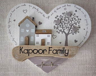 Personalised Wooden Key Holder, Perfect Couples or Family Present. Wooden Love Heart Rustic Key Ring Storage. Tree of Life Theme Wall Art