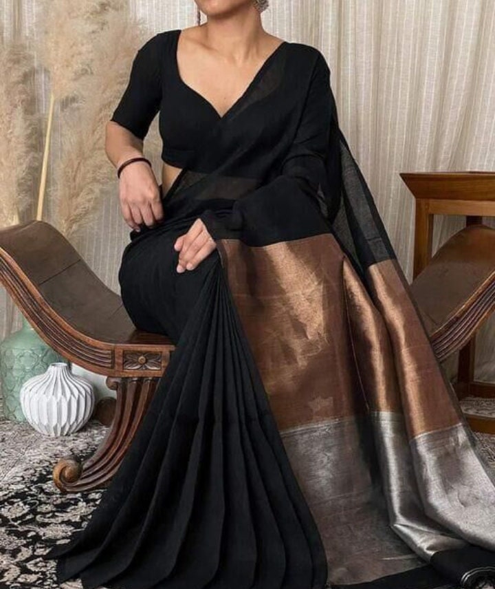 plain black cotton saree