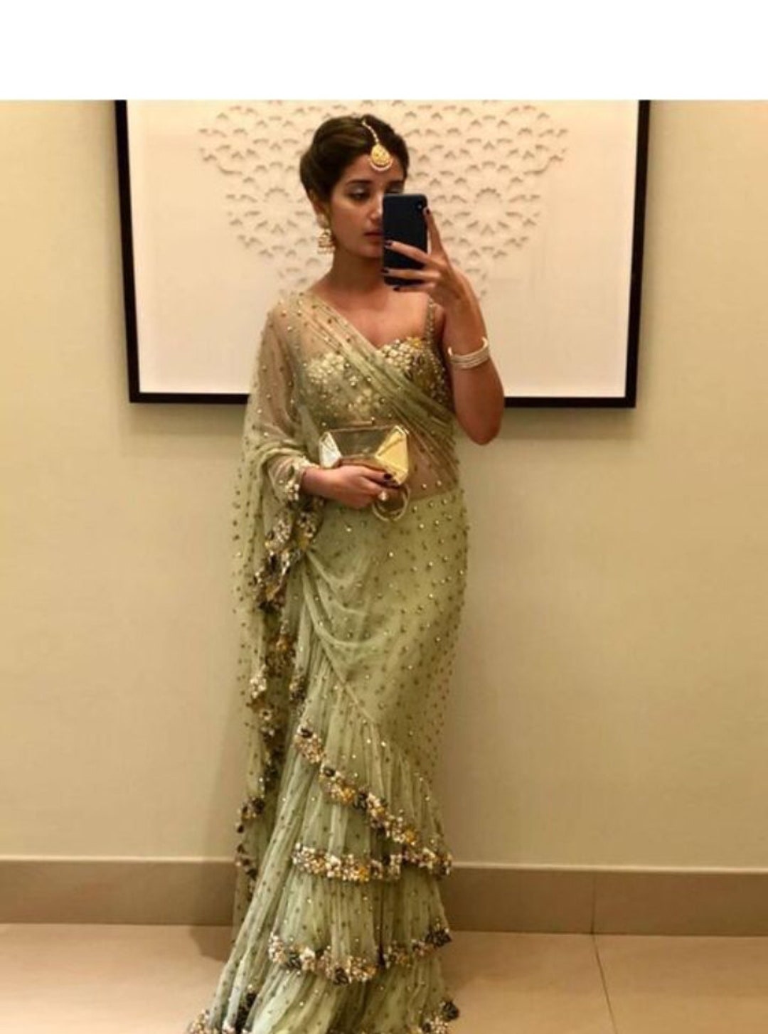 Buy Green Bollywood Designer Georgette Ruffle Saree Indian Ethnic ...