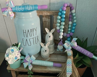 Happy Easter beaded garland, faux whipped mini mug, dimpled bunny, salt & pepper shakers, mini rolling pin, egg hunt, hippy hop easter decor