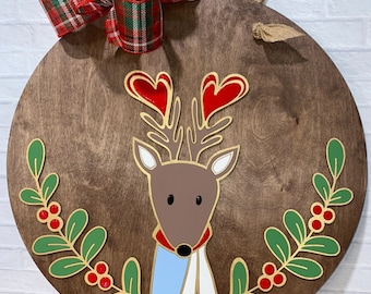 Christmas Reindeer DoorHanger/Reindeer Doorhanger/Reindeer/Mistletoe/Christmas Plaid/Cute Reindeer Sign/Holiday Decor