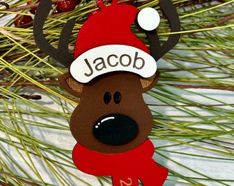 Personalized Reindeer Christmas Ornament/Reindeer Santa hat Ornament/Reindeer/Rudolph Ornament/Kids Personalized Ornament/Engraved Ornament