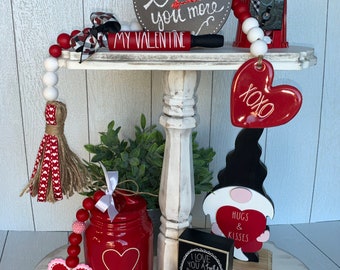 Valentine&#39;s Day Tiered Tray Decor, Valentine&#39;s Mini Rolling Pin, Valentine&#39;s Wood Beaded Garland, Farmhouse Decor, Rae Dunn inspired