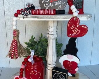 Valentine's Day Tiered Tray Decor, Valentine's Mini Rolling Pin, Valentine's Wood Beaded Garland, Farmhouse Decor, Rae Dunn inspired