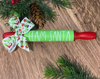 Team Santa Mini Wooden Rolling Pin/Santa Tier Tray/Christmas Tier Tray/Whimsical Elf Ribbon/Whimsical Christmas Accents/Santa Decor