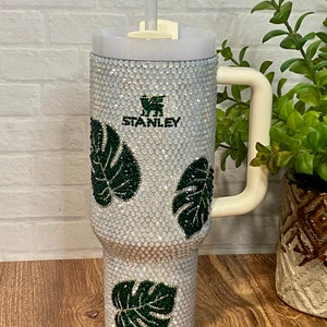 Authentic Monstera Leaf Rhinestone Stanley Tumbler/Glass Rhinestone Tumbler/Stanley 40 oz. Bling Tumbler/Rhinestone Tumblers/Cream Quencher