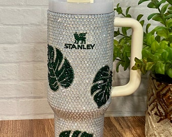 Authentic Monstera Leaf Rhinestone Stanley Tumbler/Glass Rhinestone Tumbler/Stanley 40 oz. Bling Tumbler/Rhinestone Tumblers/Cream Quencher