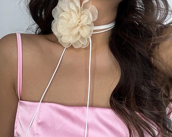 Handmade Romantic Large Black Pink Beige Rose Flower Choker Necklace