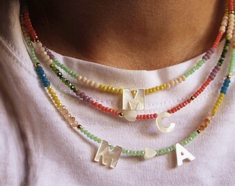 Beautiful handmade Mother of Pearl Letter Initial Necklace with colorful beads 1 Letter