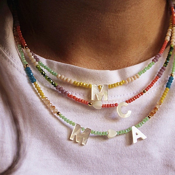 Beautiful handmade Mother of Pearl Letter Initial Necklace with colorful beads 1 Letter