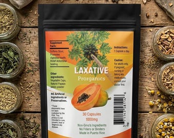 May include: A black pouch containing 30 capsules of 1000mg Laxative Prorganics supplement. The label features a papaya illustration, supplement facts, instructions, and caution text. The pouch is centered with a barcode and ingredient list.