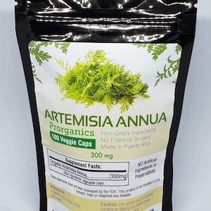 May include: A black resealable pouch containing 100 veggie capsules of Artemisia Annua Prorganics, a non-GMO supplement made in Puerto Rico. The label states 300 mg per capsule and lists the ingredients as organic Artemisia Annua and vegetable capsules. The label also states that the product is not intended to cure, prevent, treat or diagnose any disease.