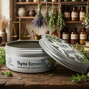 May include: A round silver metal tin of Thyme Ointment with a matching lid resting beside it. The label features the text Thyme Ointment, Concentrated Formula, and Made in Puerto Rico, surrounded by green thyme sprigs on a wooden surface.
