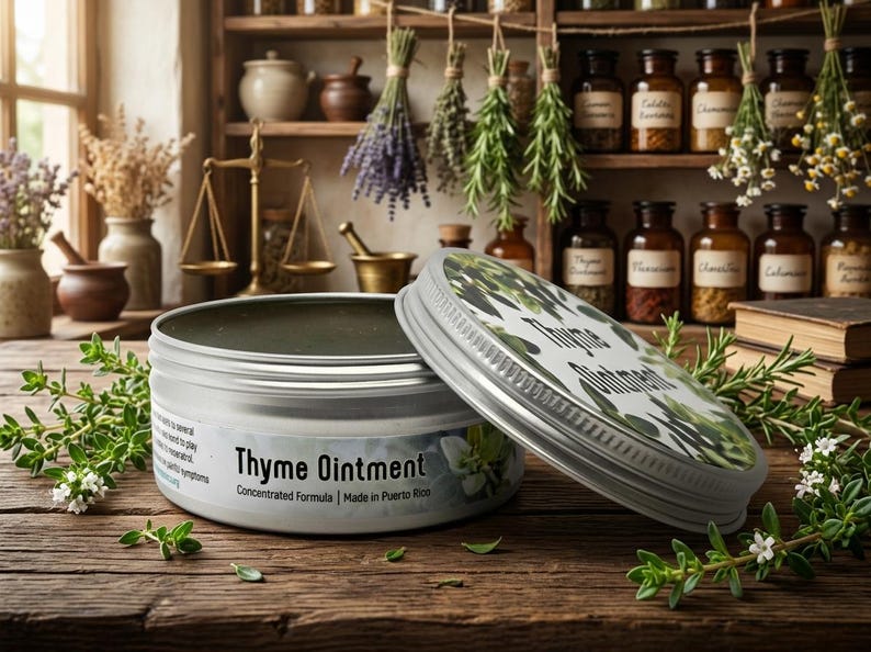 May include: A round silver metal tin of Thyme Ointment with a matching lid resting beside it. The label features the text Thyme Ointment, Concentrated Formula, and Made in Puerto Rico, surrounded by green thyme sprigs on a wooden surface.