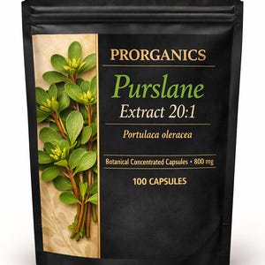 May include: A black stand-up pouch containing Prorganics Purslane Extract 20:1, Portulaca oleracea, botanical concentrated capsules. The label features an illustration of green purslane plants and states 800 mg and 100 capsules in white text.