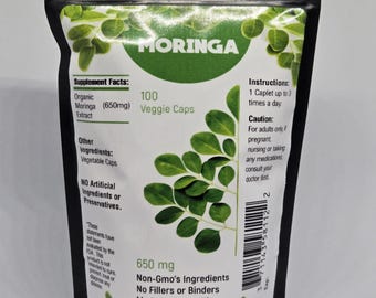 May include: A black pouch with a white label that reads "MORINGA" in a green circle. The label also includes the supplement facts, instructions, and a barcode. The pouch contains 100 veggie caps of organic moringa extract, 650 mg per caplet. The product is non-GMO and made in Puerto Rico.