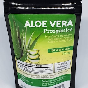 May include: A black and green pouch with a white label that reads "ALOE VERA Prorganics Non-Gmo's Ingredients No Fillers or Binders Made in Puerto Rico 100 Veggie Caps 700 mg". The pouch contains a supplement with organic aloe vera gel. The label also includes supplement facts, a caution statement, and an expiration date of 07/2023.