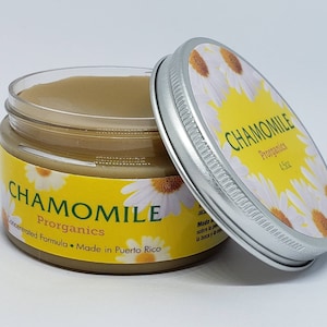 May include: A small, round jar of chamomile cream with a silver lid. The jar is labeled "Chamomile Prorganics Concentrated Formula. Made in Puerto Rico". The lid is labeled "Chamomile Prorganics 4.5oz".