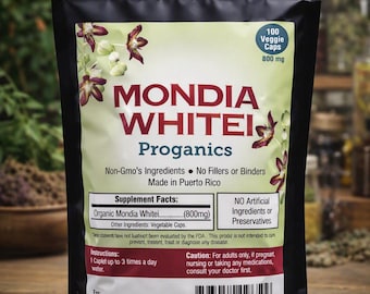 May include: A black stand-up pouch containing Mondia Whitei Proganics supplement capsules. The label features floral illustrations, the text 100 Veggie Caps 800 mg, supplement facts, instructions, and a barcode. It states non-GMO ingredients.