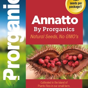 May include: A seed packet for Annatto seeds by Prorganics. The packet features the text "Planting is Fun" and "100+ seeds per package!!". The image shows open seed pods with red seeds. The text states the seeds are natural and non-GMO.