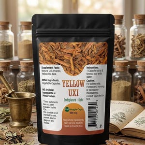 May include: A black stand-up pouch containing Yellow Uxi supplement capsules. The label features text including Supplement Facts, Instructions, and Caution, with a graphic of bark pieces at the top. It specifies 100 Veggie Caps at 500 mg.