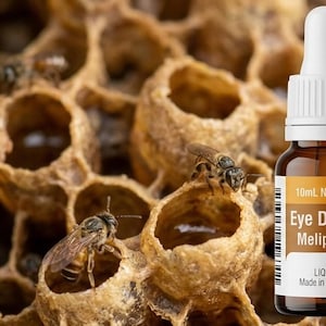 Puede incluir: Un frasco cuentagotas de vidrio ámbar de 10 ml con la etiqueta Eye Drops Melipona 100% Liquid Drops Made in Puerto Rico, colocado sobre un fondo de panal natural con varias abejas pequeñas sobre las celdas de cera texturizadas.