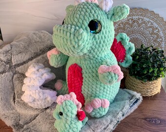 Crochet Dragon Mama and Baby Plush Set, Sweet Snuggles