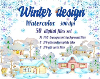 Watercolor Winter Wonderland PNG Bundle, Download Christmas giftcard DIY, X Mas cottage, Christmas houses clipart, Christmas card making kit