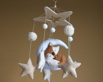 Felt Baby Mobile – Fox, Moon and wooden star - Woodland Nursery Decor