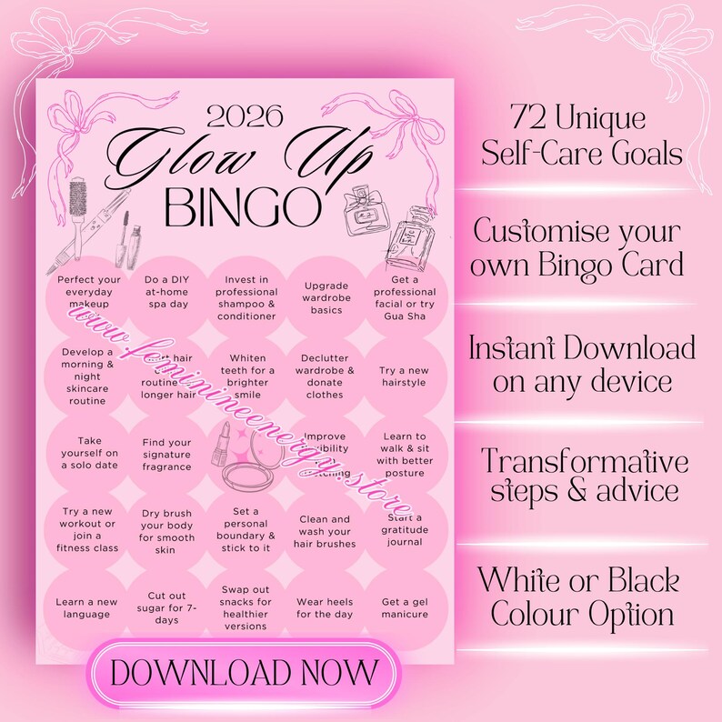 2026 Glow Up Bingo: Self-Care Challenge, New Year Goals (Digital Download) image 4