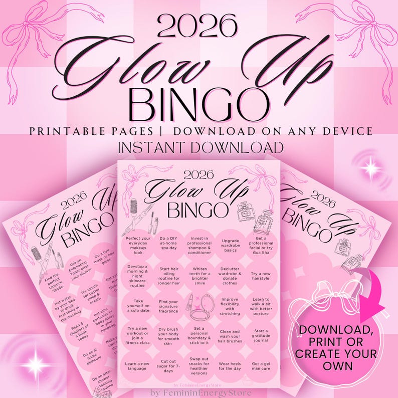 2026 Glow Up Bingo: Self-Care Challenge, New Year Goals (Digital Download) image 2