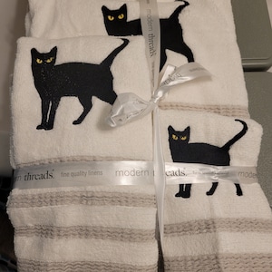 Black Cat Standing Towel Set - one washcloth, one handtowel and one bath towel