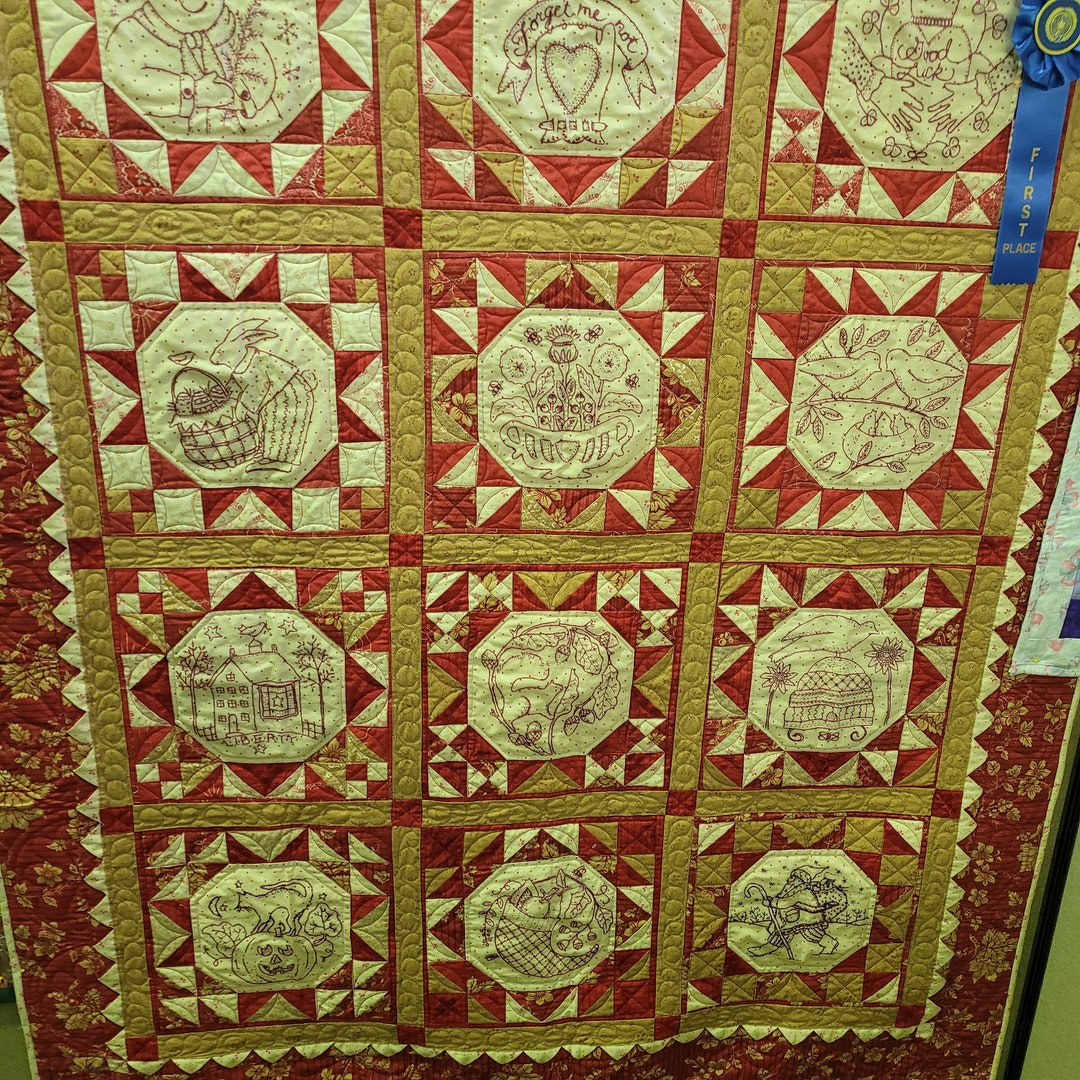 Hand Embroidered Redwork Quilt Months of the Year Blocks - Etsy