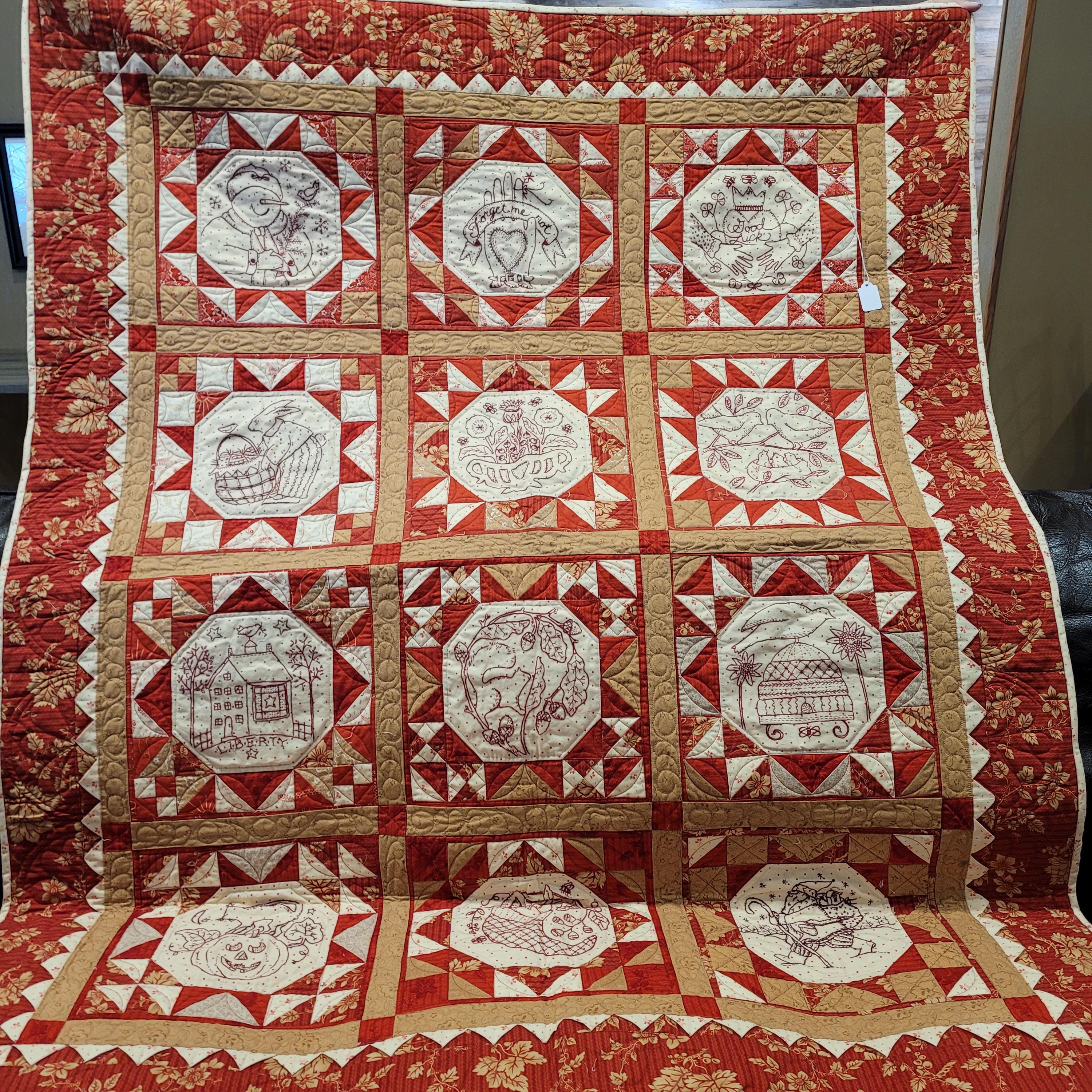 Hand Embroidered Redwork Quilt - Etsy
