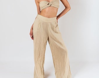 Muslin Women pants and bustier, Pants with side pockets and bustier, Summer top, Women trousers, Women summer bustier, Pants set for summer